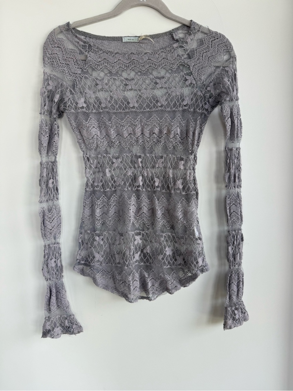 Kimchi Blue Sheer Lace Knit Long Sleeve Top in Light Lavender Gray